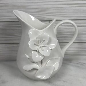 Antique Reflections Vintage Porcelain Creamer Pitcher White 3d appliqué Flower